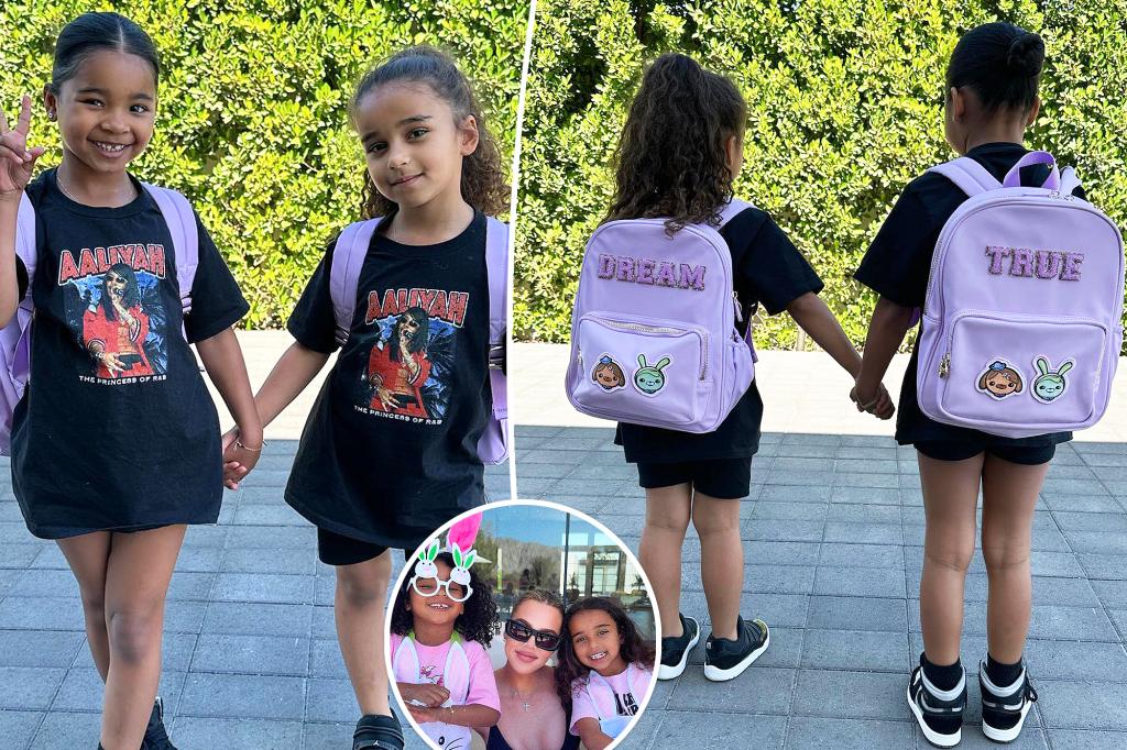 True Thompson and Dream Kardashian twin in matching Aaliyah T-shirts and personalized backpacks
