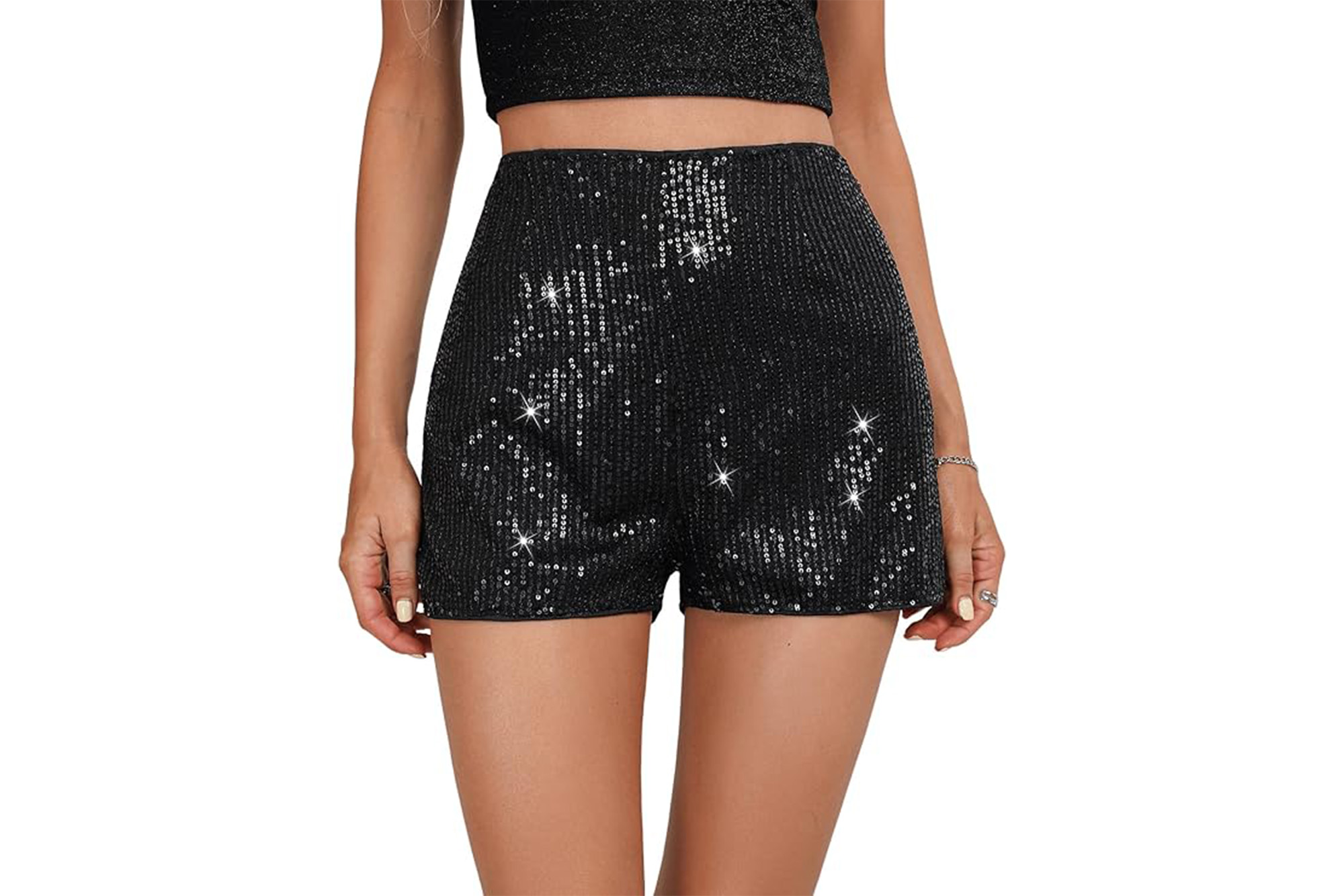 SweatyRocks Women's Sequins High Elastic Waist Straight Leg Shorts Solid Glitter Party Shorts