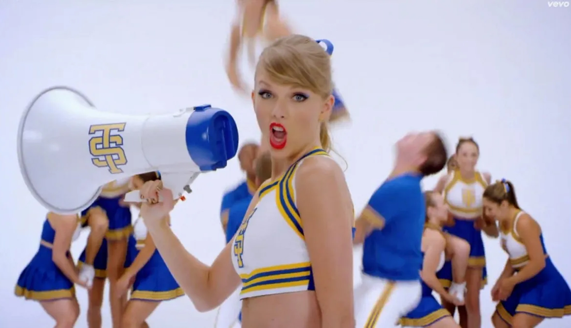 Taylor Swift dressed as a cheerleader in the "Shake It Off" video