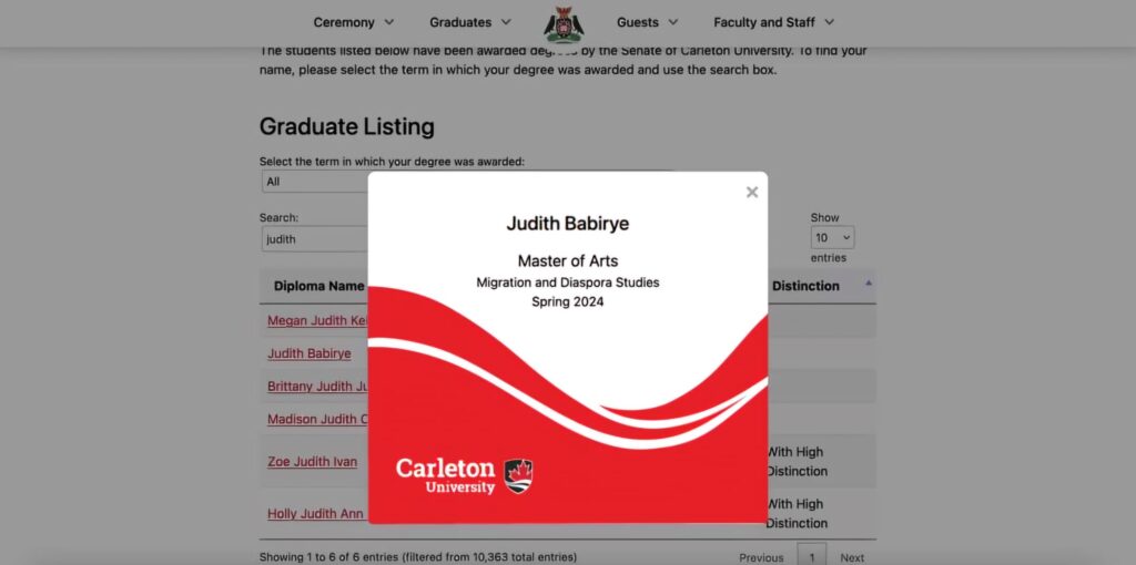 Judith Babirye graduated with a Master of Arts from Carleton University in Canada