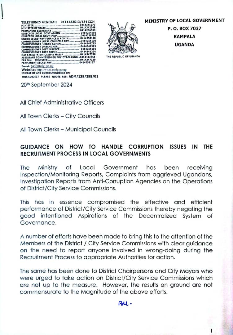 Recruitment into District Service Commissions Is a Free Service”: Uganda’s Local Government Permanent Secretary Kumumanya’s Anti-Corruption Directive Targets Bribery allegations in Government Jobs